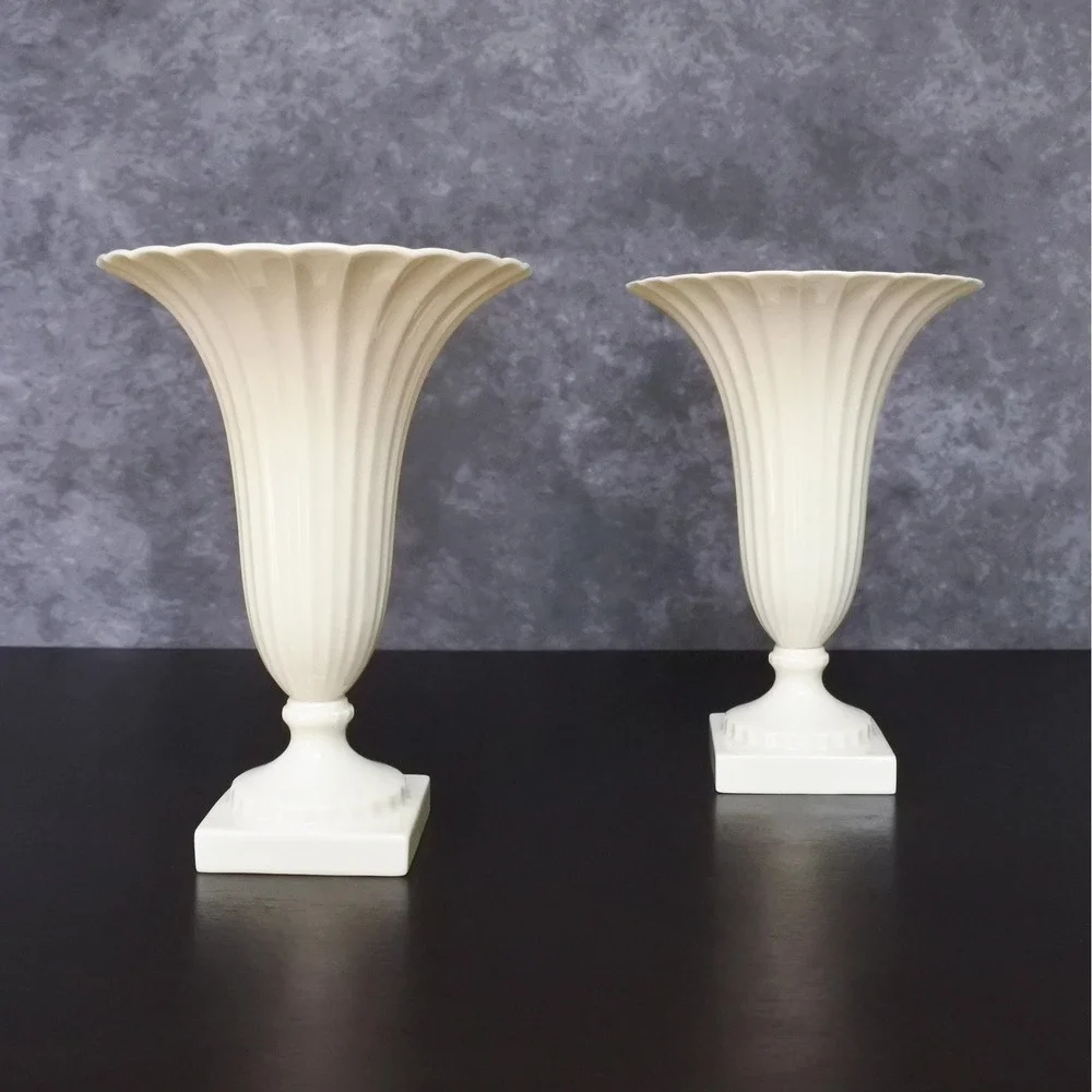 Vintage Lenox Neoclassical Ivory Fluted Pedestal Vase Pair Green Mark